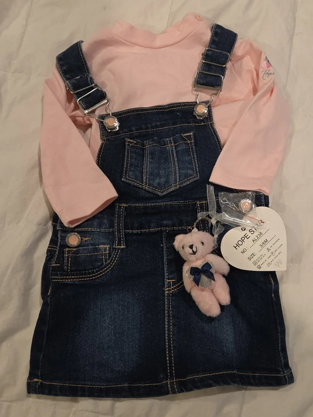 Hope Star 3-6 Month Girl Denim Overall Skirt With Pink Long Sleeve Shirt Set NWT